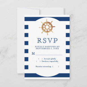 Navy Stripes Watercolor Steering Wheel Nautical RSVP Card