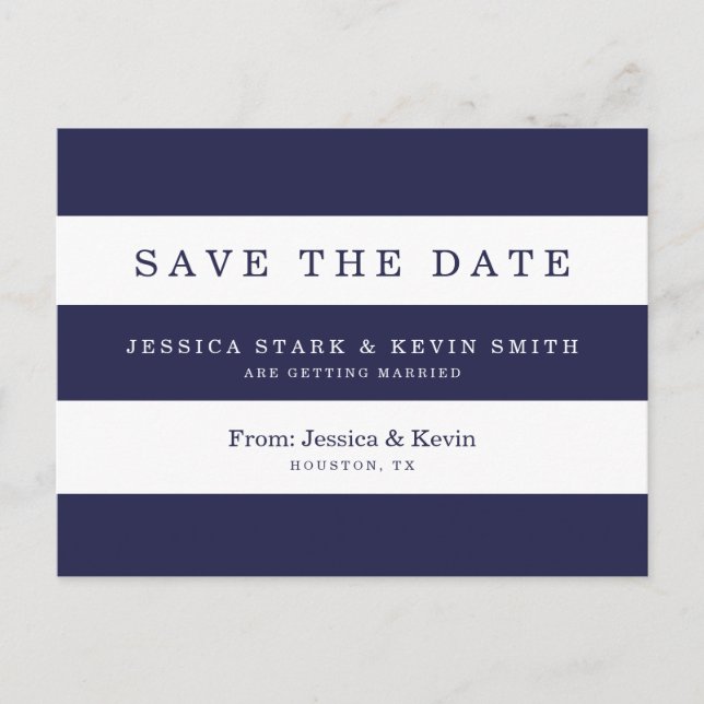 Navy Stripes Wedding Save the Date Postcard (Front)