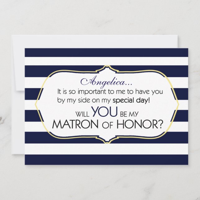 Navy Stripes Will You Be My Matron of Honour Invitation (Front)