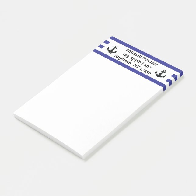 Navy Stripes with Anchors Personalised Post-it Notes (Angled)