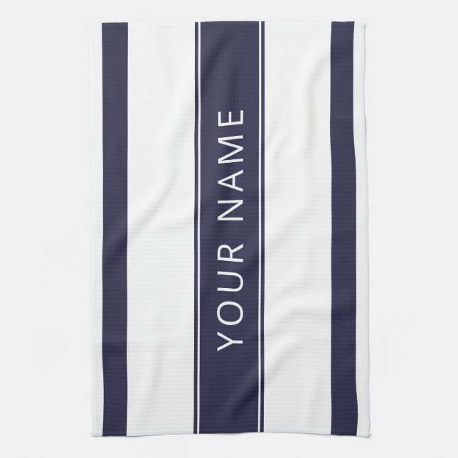 Navy Stripes with Your Name Kitchen Towels (Vertical)