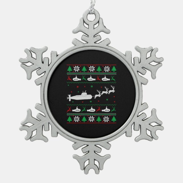 Navy Submarine Submariner Ugly Christmas Sweater Snowflake Pewter Christmas Ornament (Front)