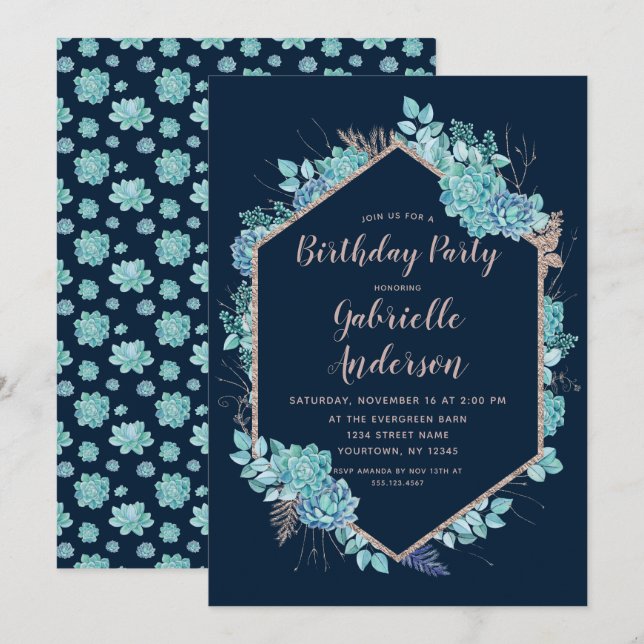 Navy Succulent Rose Gold Birthday Party Invitation (Front/Back)