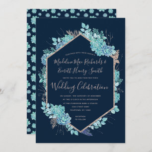 Navy Succulents & Rose Gold Wedding Invitation