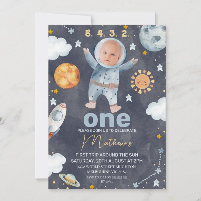 Navy Sun First Trip Around the Sun 1st Birthday  Invitation (Front)