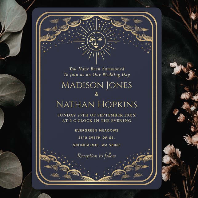 Navy Sun Moon Tarot Card Vintage Wedding Invite (Creator Uploaded)