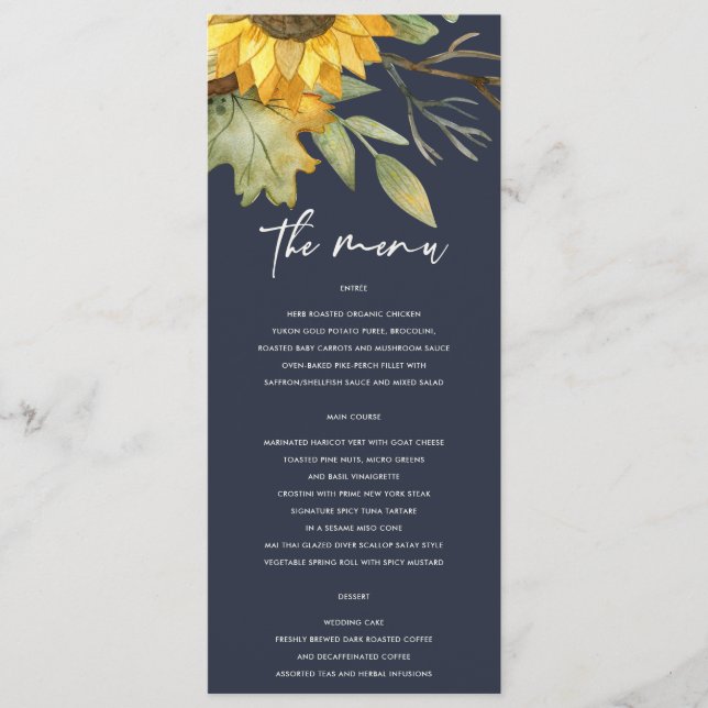 NAVY SUNFLOWER AUTUMN WATERCOLOR FLORAL WEDDING MENU (Front)