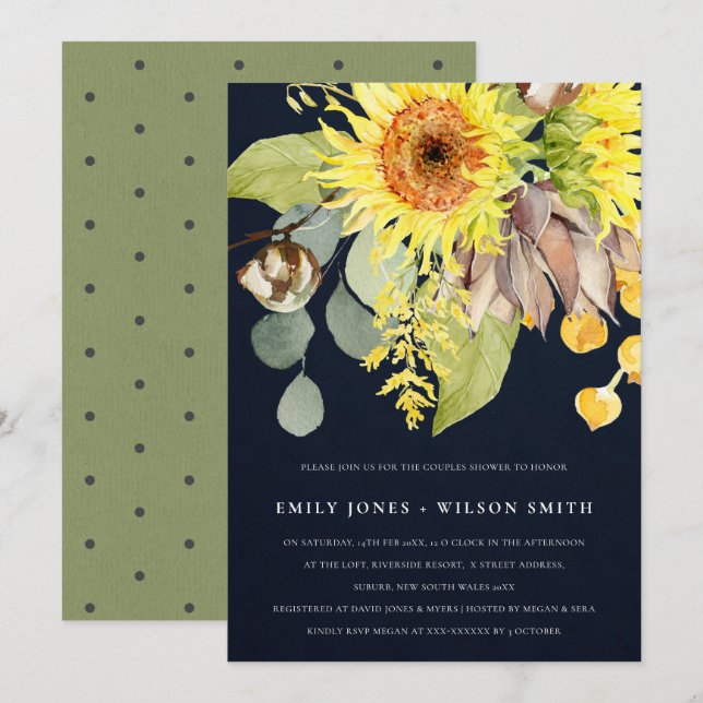 NAVY SUNFLOWER EUCALYPTUS FLORAL COUPLES SHOWER INVITATION (Front/Back)