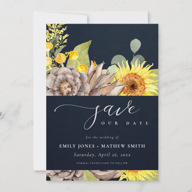 NAVY SUNFLOWER EUCALYPTUS FLORAL SAVE THE DATE INVITATION (Front)