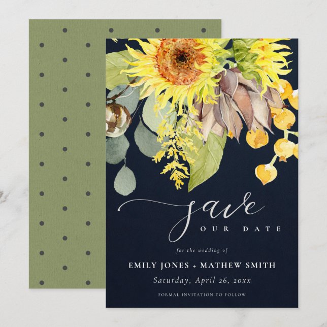 NAVY SUNFLOWER EUCALYPTUS  FLORAL SAVE THE DATE INVITATION (Front/Back)