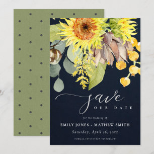 NAVY SUNFLOWER EUCALYPTUS  FLORAL SAVE THE DATE INVITATION