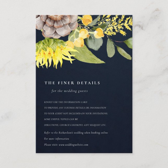 NAVY SUNFLOWER EUCALYPTUS  FLORAL WEDDING DETAILS ENCLOSURE CARD (Front)