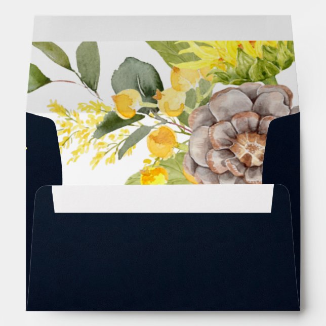 NAVY SUNFLOWER EUCALYPTUS PINE CONE FLORAL ADDRESS ENVELOPE (Back (Bottom))