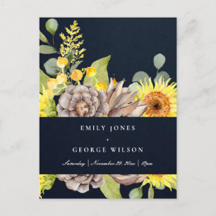 NAVY SUNFLOWER EUCALYPTUS PINE CONE FLORAL WEDDING INVITATION POSTCARD