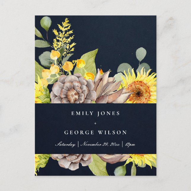 NAVY SUNFLOWER EUCALYPTUS PINE CONE FLORAL WEDDING INVITATION POSTCARD (Front)