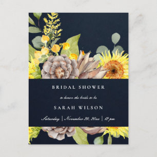 NAVY SUNFLOWER EUCALYPTUS PINE FLORA BRIDAL SHOWER INVITATION POSTCARD
