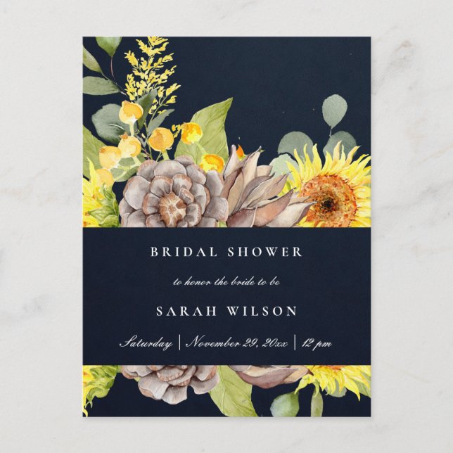 NAVY SUNFLOWER EUCALYPTUS PINE FLORA BRIDAL SHOWER INVITATION POSTCARD (Front)