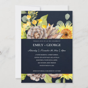 NAVY SUNFLOWER EUCALYPTUS PINE FLORA COUPLE INVITE