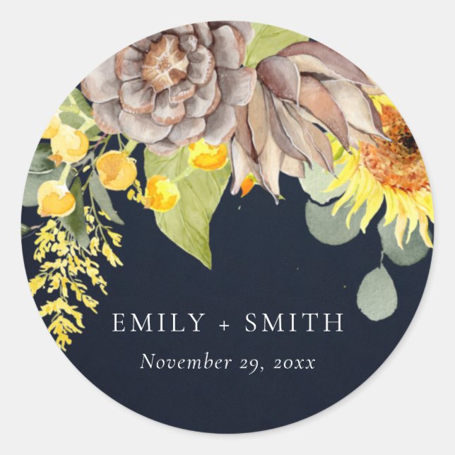 NAVY SUNFLOWER EUCALYPTUS PINE FLORAL WEDDING CLASSIC ROUND STICKER (Front)