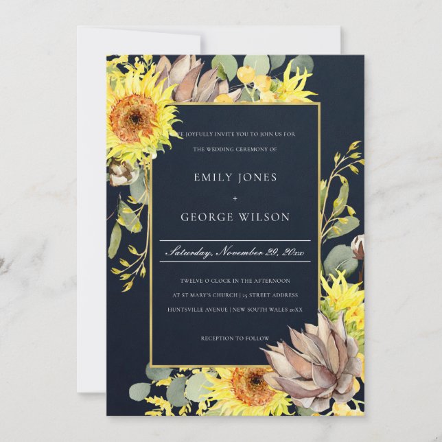 NAVY SUNFLOWER EUCALYPTUS PINE FLORAL WEDDING INVITATION (Front)