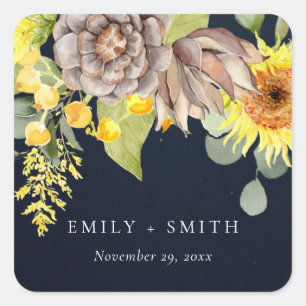 NAVY SUNFLOWER EUCALYPTUS PINE FLORAL WEDDING SQUARE STICKER