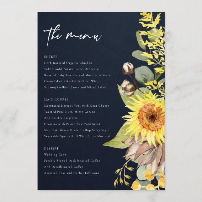 NAVY SUNFLOWER EUCALYPTUS WATERCOLOR FLORAL MENU (Front)