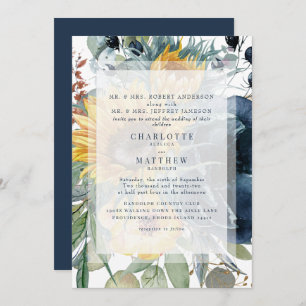 Navy & Sunflower Fall Floral Wedding  Invitation
