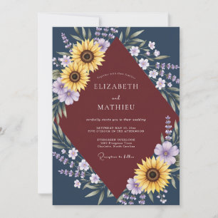 Navy Sunflower Maroon Eucalyptus Wedding Invitation