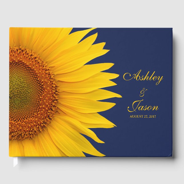 Navy Sunflower Personalised Wedding Guest Book (Front)