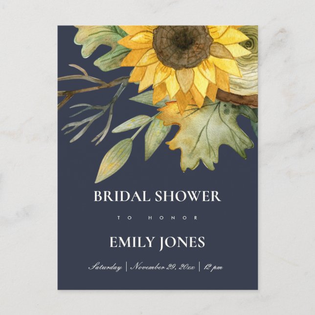 NAVY SUNFLOWER WATERCOLOR FLORAL BRIDAL SHOWER INVITATION POSTCARD (Front)