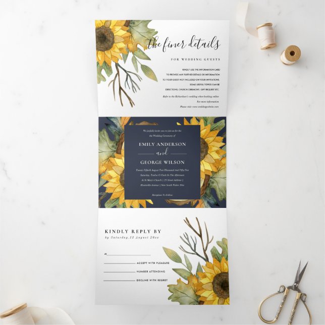 NAVY SUNFLOWER WATERCOLOR FLORAL WEDDING INVITE (Inside)