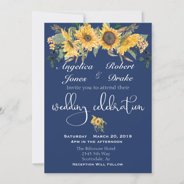 Navy Sunflower Yellow Modern Elegant  Wedding Invitation (Front)