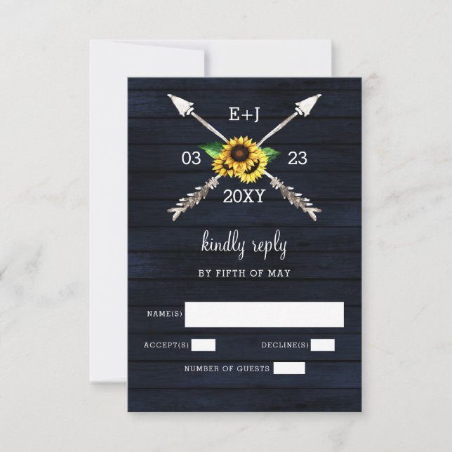 Navy Sunflowers  Barn wood country chic wedding RSVP Card (Front)