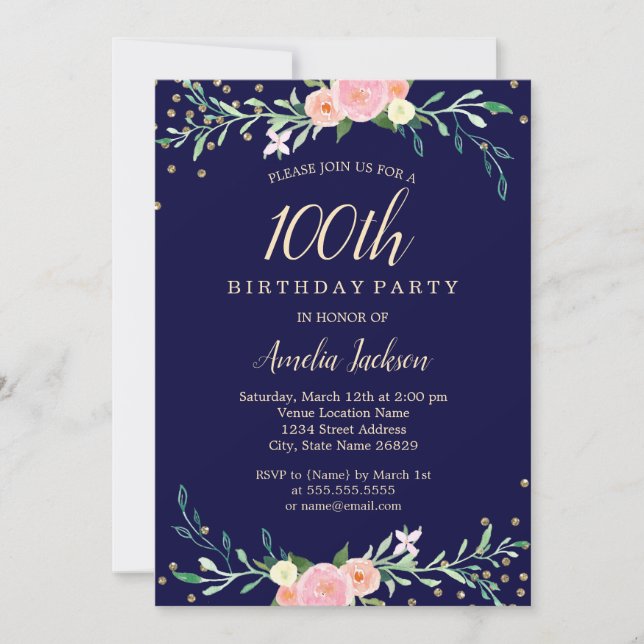 Navy Sweet Floral Sparkle Confetti 100th Birthday Invitation (Front)