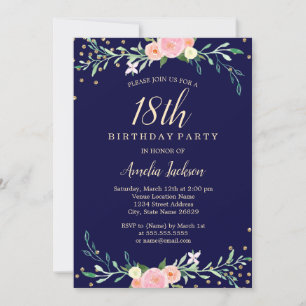 Navy Sweet Floral Sparkle Confetti 18th Birthday Invitation