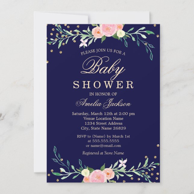 Navy Sweet Floral Sparkle Confetti Baby Shower Invitation (Front)
