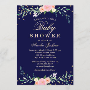 Navy Sweet Floral Sparkle Confetti Baby Shower Invitation