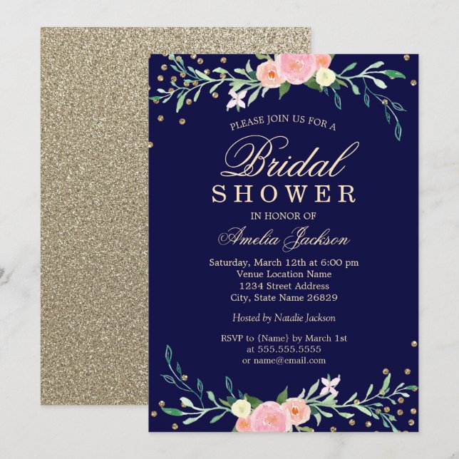 Navy Sweet Floral Sparkle Confetti Bridal Shower Invitation (Front/Back)