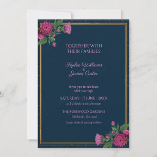 Navy Tartan Floral Wedding Invitation