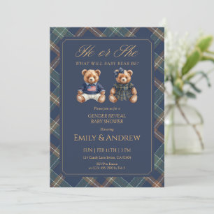 Navy Tartan He or She Gender Reveal Baby Shower Invitation