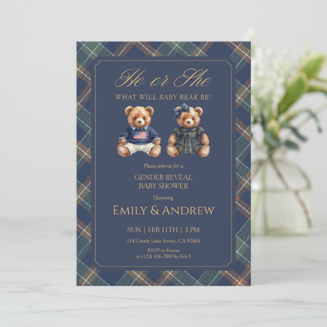 Navy Tartan He or She Gender Reveal Baby Shower Invitation (Standing Front)