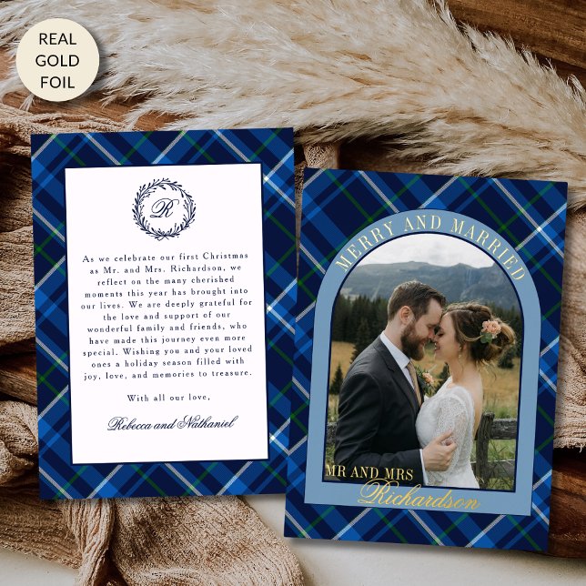 Navy Tartan Plaid First Christmas Married Photo Foil Holiday Card (Creator Uploaded)