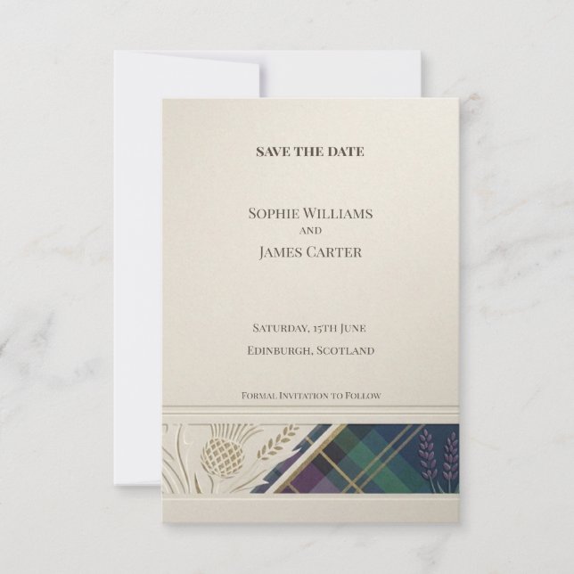 Navy Tartan Thistle Save the Date Card (Front)