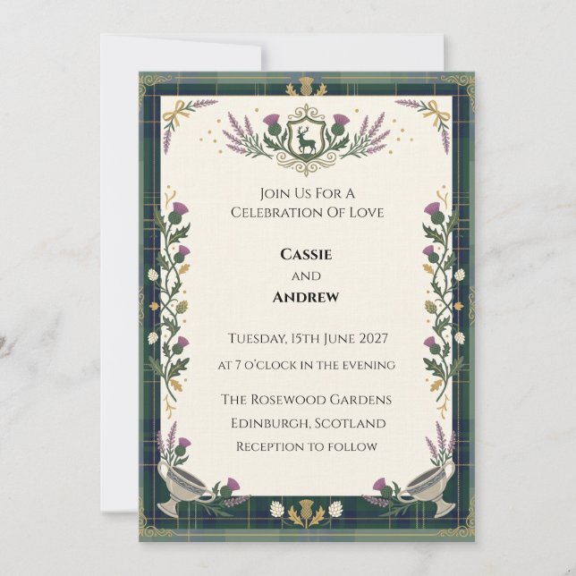 Navy Tartan Thistle Wedding Invitation (Front)