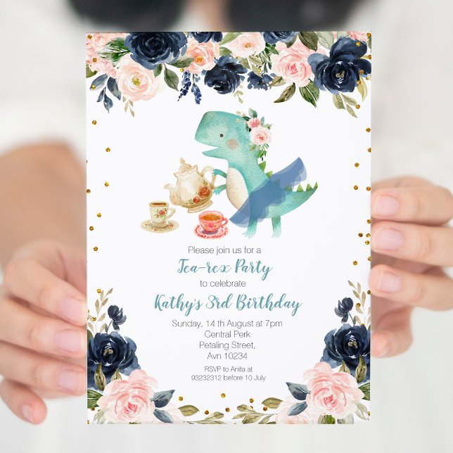Navy Tea Party Dinosaur 3rd Birthday Invitation (Creator Uploaded)