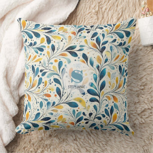 Navy Teal Amber Botanical Leaf Pattern Cushion