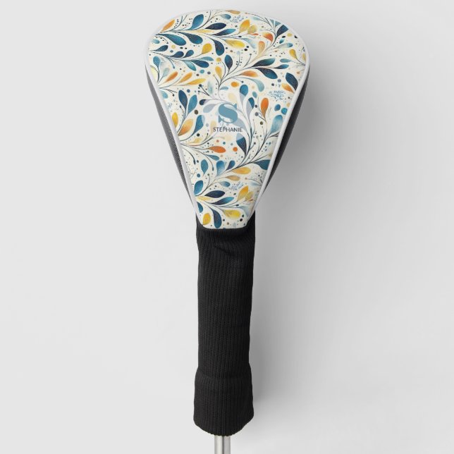 Navy Teal Amber Botanical Leaf Pattern Golf Head Cover (Front)