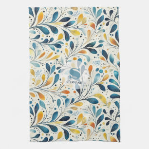 Navy Teal Amber Botanical Leaf Pattern Tea Towel