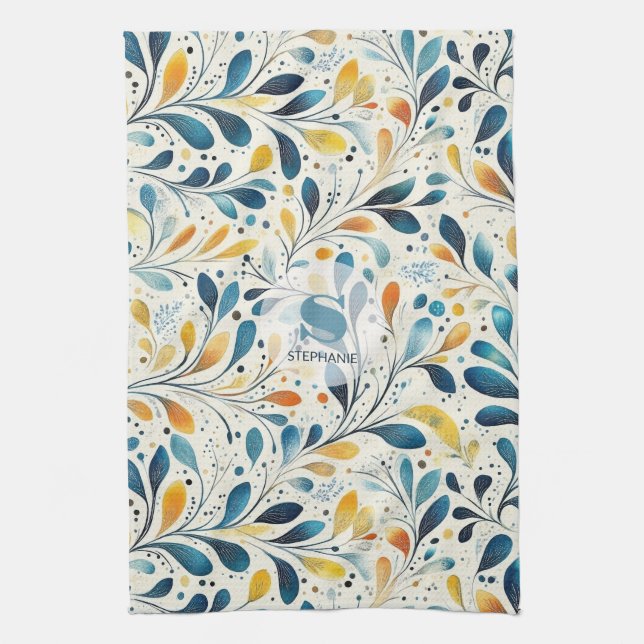 Navy Teal Amber Botanical Leaf Pattern Tea Towel (Vertical)