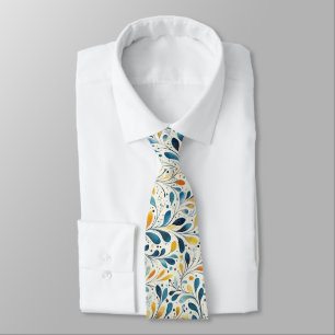 Navy Teal Amber Botanical Leaf Pattern Tie